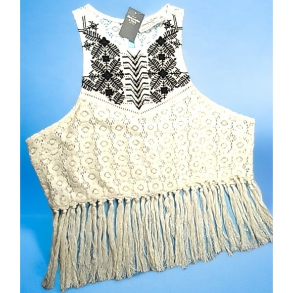 Y2K A & F Cropped Beaded Embroidered Fringed Lace Top Halter Sz L New W Tags - Picture 10 of 10